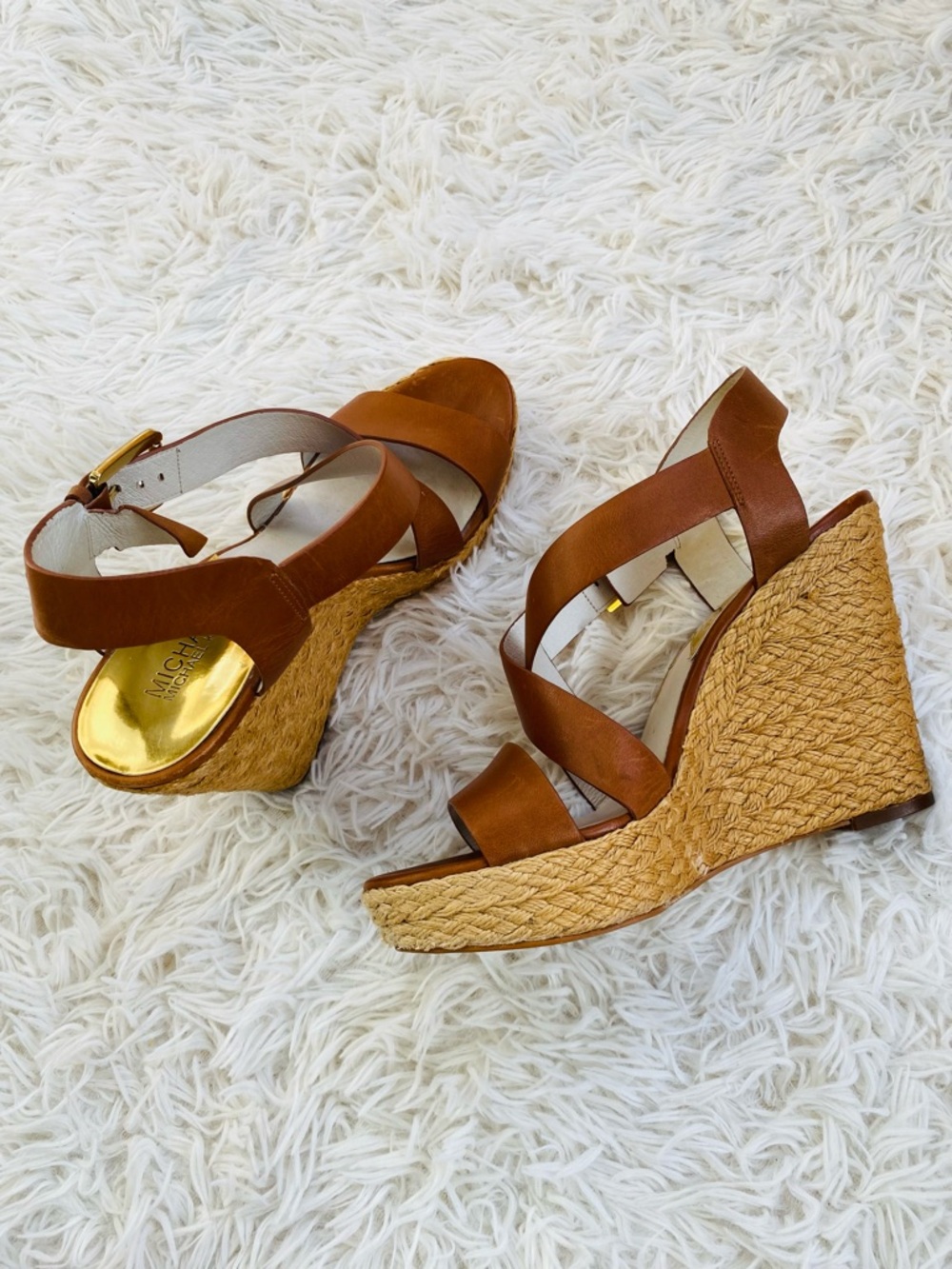 Michael Kors Wedge Sandals 9.5 Cognac Leather Espadrille Platform - Picture 3 of 10